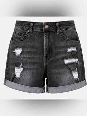 Black Distressed Denim Rolled-Hem Shorts